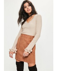Missguided Nude Frill Sleeve V Neck Rib Crop Sweater