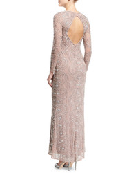 Aidan Mattox Beaded Illusion Neck Long Sleeve Cutout Back Evening Gown