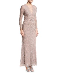 Aidan Mattox Beaded Illusion Neck Long Sleeve Cutout Back Evening Gown