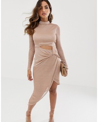 ASOS DESIGN High Neck Long Sleeve Open Back Pencil Dress In Metallic Chainmail