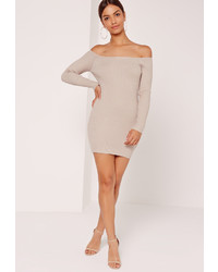 Missguided Ribbed Bardot Sweater Dress Nude