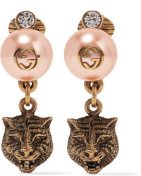 Gucci Gold Tone Faux Pearl And Swarovski Crystal Clip Earrings Blush