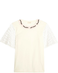 Giambattista Valli Guipure Lace Trimmed Embellished Cotton Jersey Top Cream