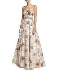 Jovani Brocade Cuffed Strapless Bustier Embellished Evening Gown
