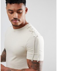 ASOS DESIGN Muscle Fit Longline T Shirt With Curved Hem And Lace Up Shoulder In Beige