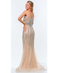 Terani Couture Crystal Nude Sheath Evening Gown