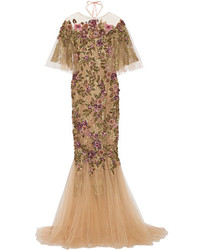 Marchesa Embellished Tulle Gown Neutral