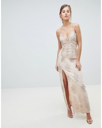 Chi Chi London Scalloped Plunge Maxi Prom Dress With Gold Embroidery