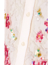 Oscar de la Renta Embellished Lace Paneled Wool And Silk Blend Cardigan Cream
