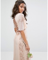 Maya Embellished Maxi Dress With Fluted Sleeve With Lace Up Back