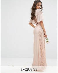 Maya Embellished Maxi Dress With Fluted Sleeve With Lace Up Back