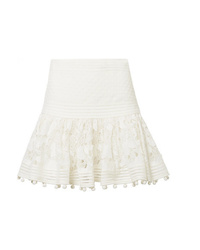 Beige Embellished Lace Mini Skirt