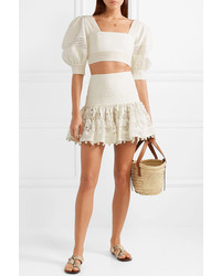 Zimmermann Corsage Pompom Embellished Guipure Lace And Swiss Dot Tulle Mini Skirt