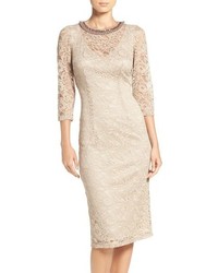 Beige Embellished Lace Sheath Dress