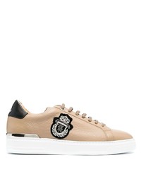 Beige Embellished Leather Low Top Sneakers