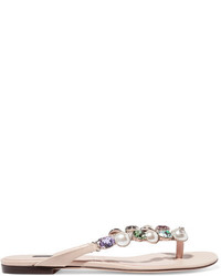 Dolce & Gabbana Embellished Lizard Effect Leather Sandals Beige