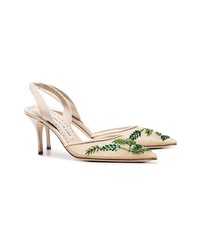 Manolo Blahnik Cream And Green Nymphlyne 70 Mesh Embroidered Pumps