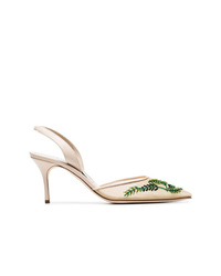 Manolo Blahnik Cream And Green Nymphlyne 70 Mesh Embroidered Pumps