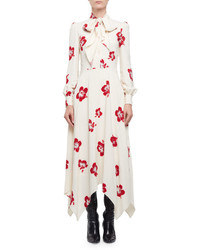 Saint Laurent Embellished Hibiscus Print Midi Dress Shellredsilver