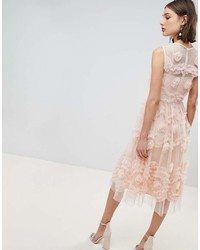 Lace And Beads Lace Beads Tulle Midi Dress With 3d Shirring Detail