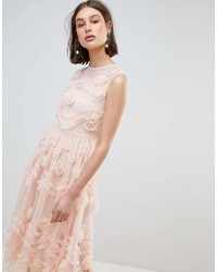 lace & beads tulle midi skirt with 3d shirring detail