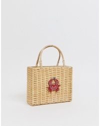 Beige Embellished Straw Handbag