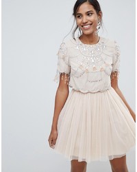 Beige Embellished Tulle Fit and Flare Dress
