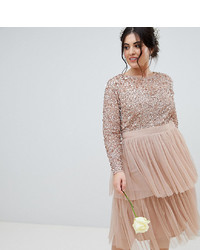 Maya Plus Long Sleeve Sequin Top Midi Dress With Tiered Tulle Skirt