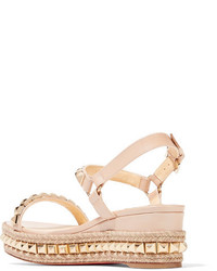 Christian Louboutin Cataclou 60 Embellished Patent Leather Wedge Espadrille Sandals Beige
