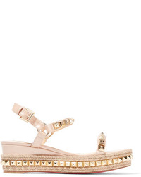 Christian Louboutin Cataclou 60 Embellished Patent Leather Wedge Espadrille Sandals Beige