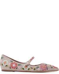 Tabitha Simmons Hermione Fest Embroidered Canvas Point Toe Flats Neutral