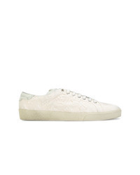 Beige Embroidered Canvas Low Top Sneakers