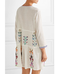 Melissa Odabash Millie Embroidered Crinkled Cotton Gauze Mini Dress Cream