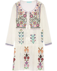 Melissa Odabash Millie Embroidered Crinkled Cotton Gauze Mini Dress Cream