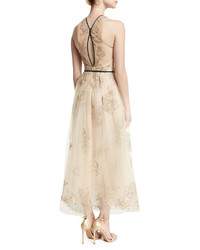 Monique Lhuillier Belted Embroidered Midi Gown Nudeblack