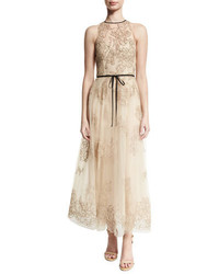 Monique Lhuillier Belted Embroidered Midi Gown Nudeblack
