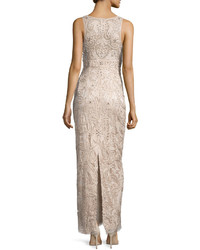 Sue Wong Sleeveless Embroidered Column Gown Champagne