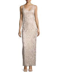 Sue Wong Sleeveless Embroidered Column Gown Champagne