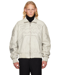 Beige Embroidered Leather Bomber Jacket