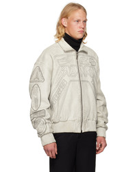 Balmain Off White Embroidered Leather Bomber Jacket