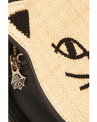 Charlotte Olympia Pussycat Embroidered Raffia And Leather Shoulder Bag