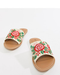 Beige Embroidered Leather Flat Sandals