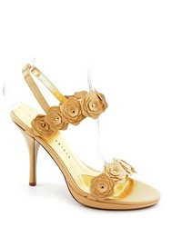 Beige Embroidered Leather Heeled Sandals