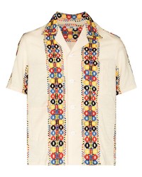 Beige Embroidered Linen Short Sleeve Shirt