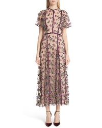 Lela Rose Embroidered Flutter Sleeve Midi Dress