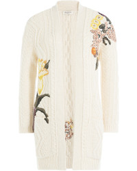 Beige Embroidered Open Cardigan