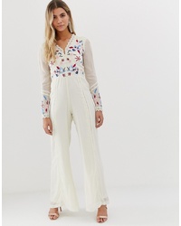 Frock and Frill Button Front Wide Leg Jumpsuit In Bird And Sequiny In Cream