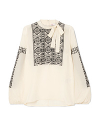 Beige Embroidered Silk Long Sleeve Blouse