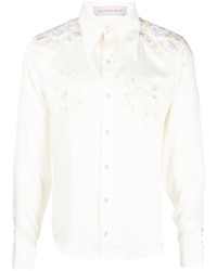Beige Embroidered Silk Long Sleeve Shirt