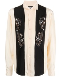 Beige Embroidered Silk Short Sleeve Shirt